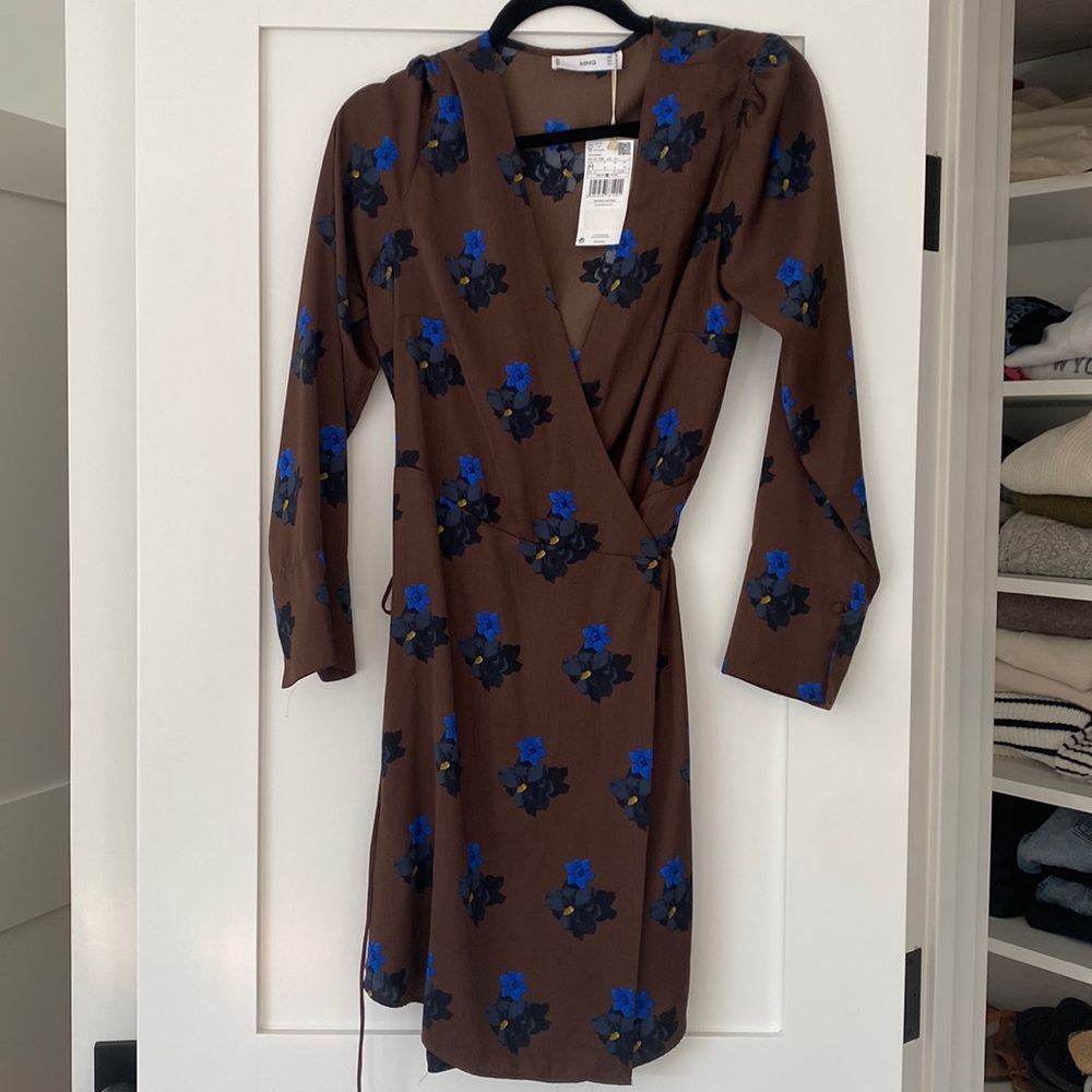 NWT Mango Brown and Blue Floral Wrap Dress